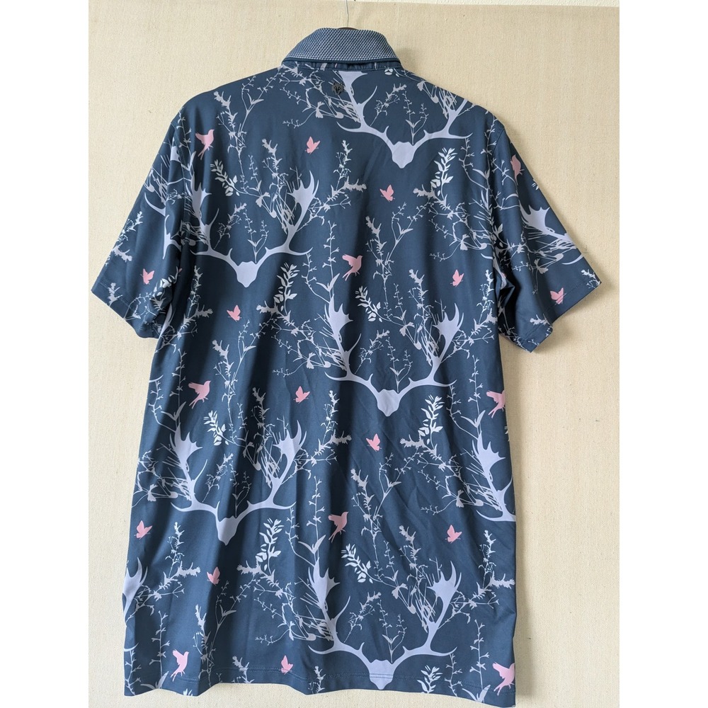 Greyson Polo Mens Medium Navy Pink Antler Bird Print Performance Golf Shirt M - Picture 4 of 9